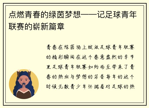 点燃青春的绿茵梦想——记足球青年联赛的崭新篇章