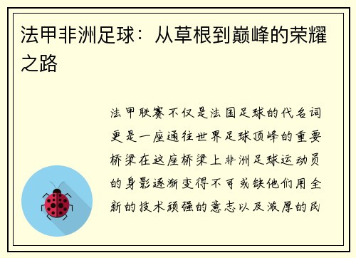 法甲非洲足球：从草根到巅峰的荣耀之路