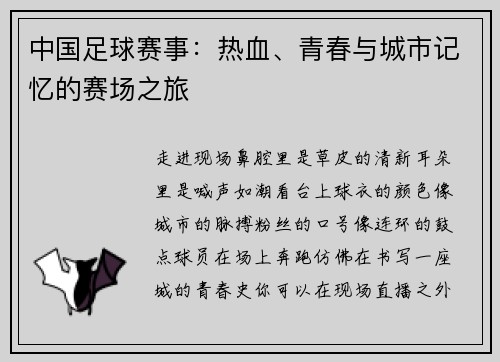 中国足球赛事：热血、青春与城市记忆的赛场之旅