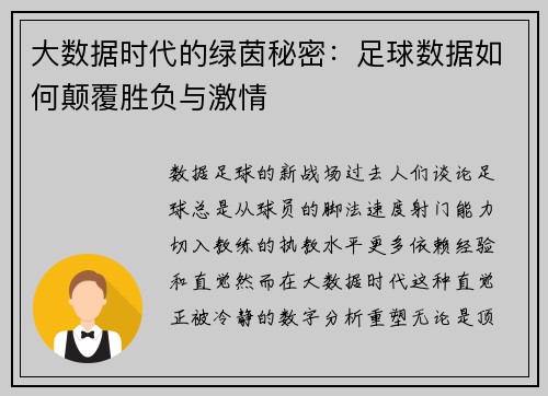 大数据时代的绿茵秘密：足球数据如何颠覆胜负与激情