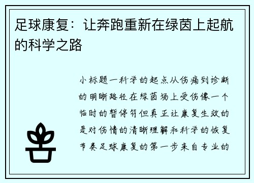 足球康复：让奔跑重新在绿茵上起航的科学之路
